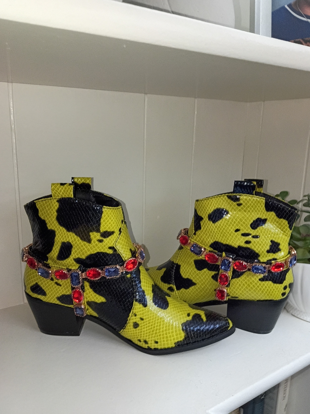 Yellow & Black Snake-Print Ankle Booties with Jeweled Harness
